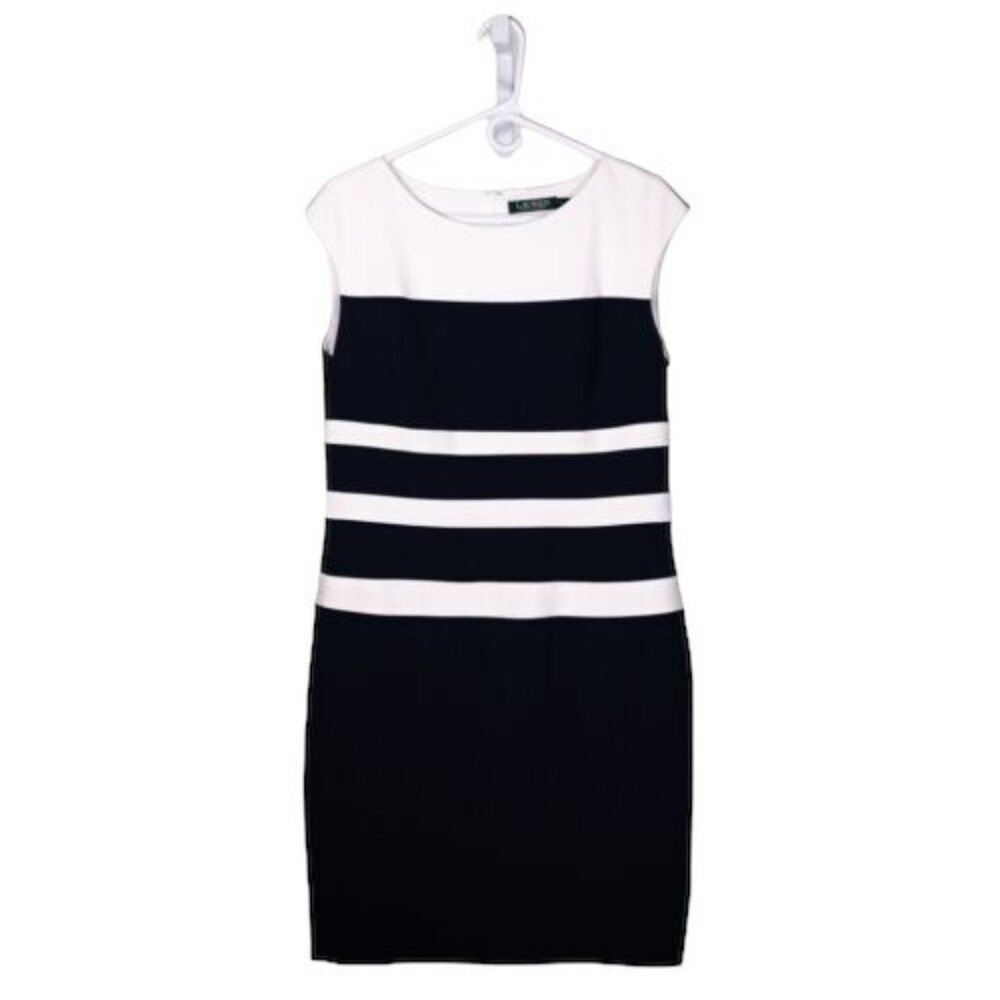 Ralph Lauren Black & Ivory Striped Sheath Dress – Size 8